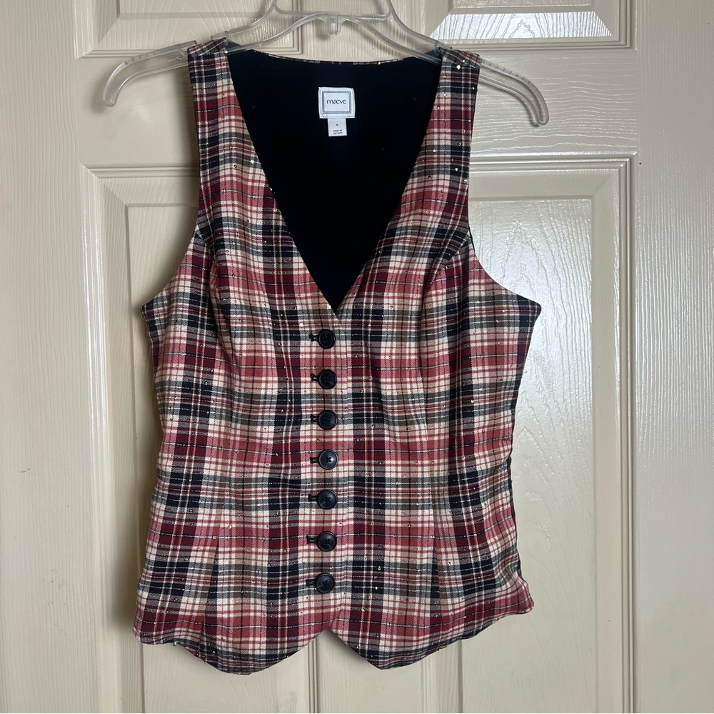 Maeve Red Black Cream Plaid Button-Front Vest